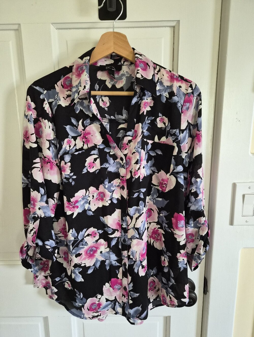 BCX Black Button-Down Shirt with Pink & Blue Floral Print